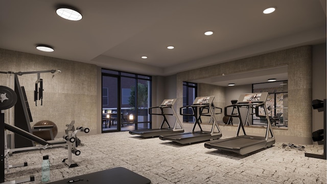 gym featuring recessed lighting and carpet flooring