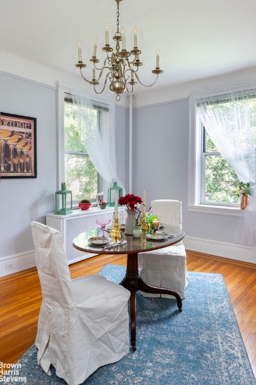 dining area with a notable chandelier and hardwood / wood-style floors