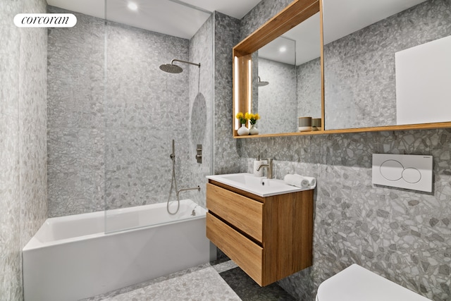 full bathroom featuring recessed lighting, toilet, tub / shower combination, and vanity