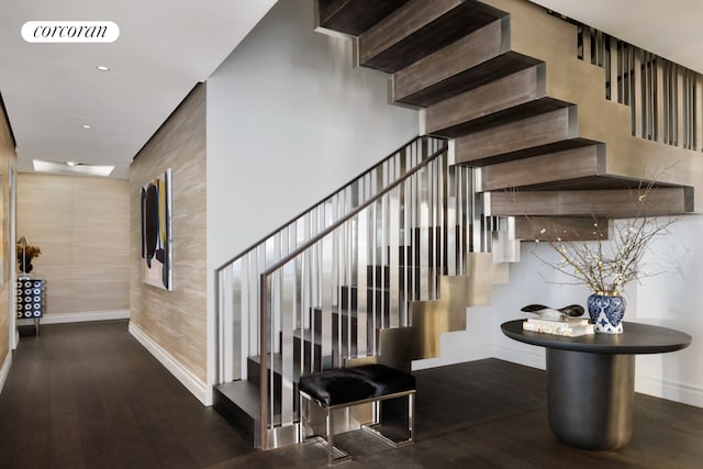 35 Hudson Yards Unit 7302, New York City, NY 10001 - stairway with baseboards, hardwood / wood-style floors, and recessed lighting