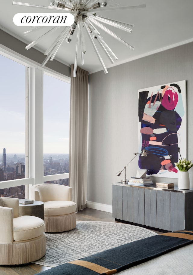 35 Hudson Yards Unit 7302, New York City, NY 10001 - living area with a chandelier, wood finished floors, and a city view
