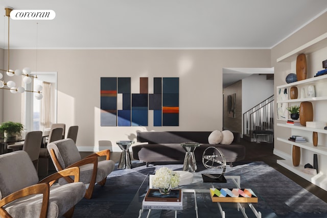 35 Hudson Yards Unit 7302, New York City, NY 10001 - living area featuring ornamental molding, stairs, a chandelier, and baseboards