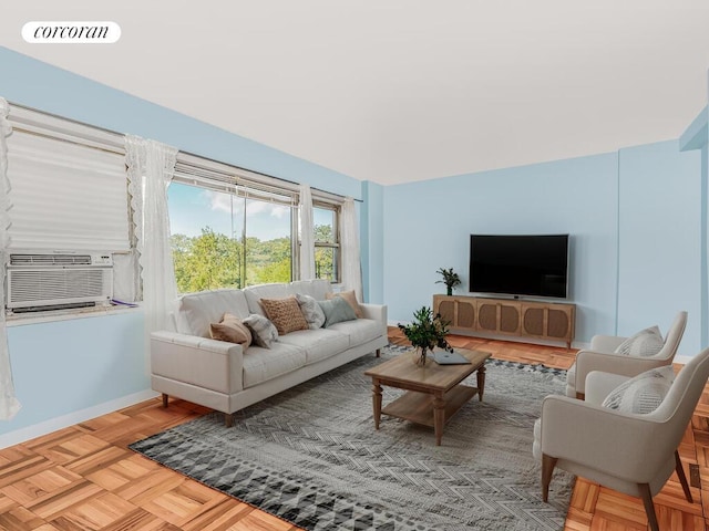 living room with light parquet floors and cooling unit