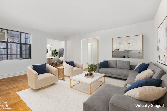 living room with light parquet floors