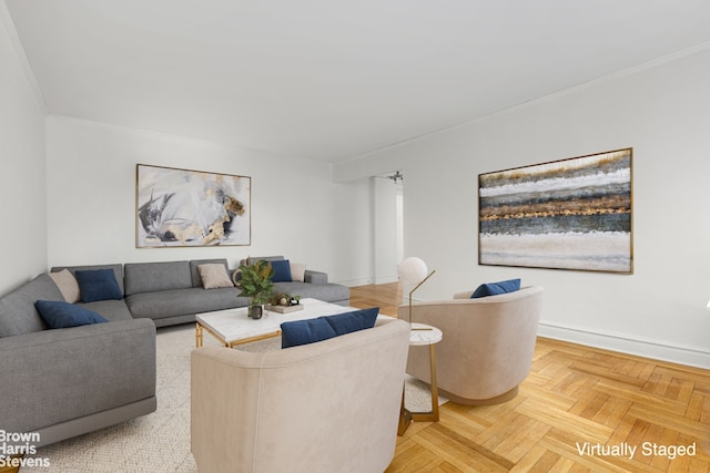 living room with parquet flooring