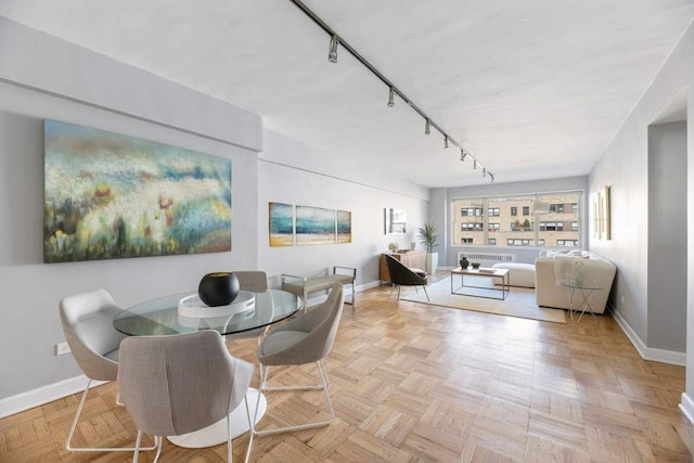 dining room featuring track lighting and light parquet flooring