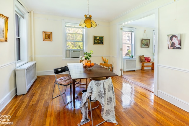 dining area with a healthy amount of sunlight, radiator heating unit, and wood finished floors