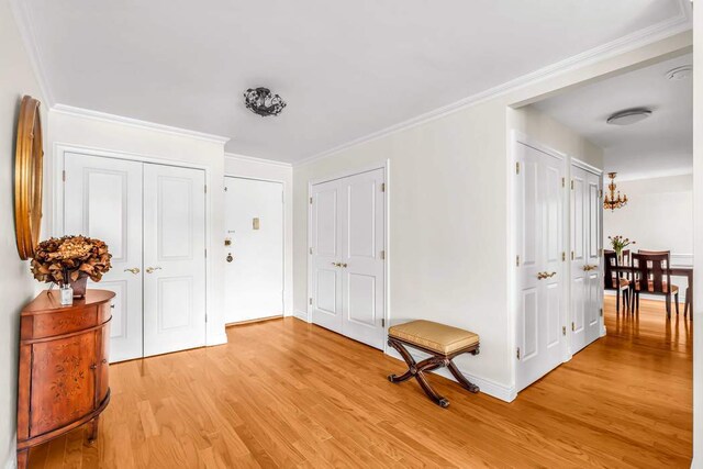 entryway with ornamental molding and light hardwood / wood-style floors