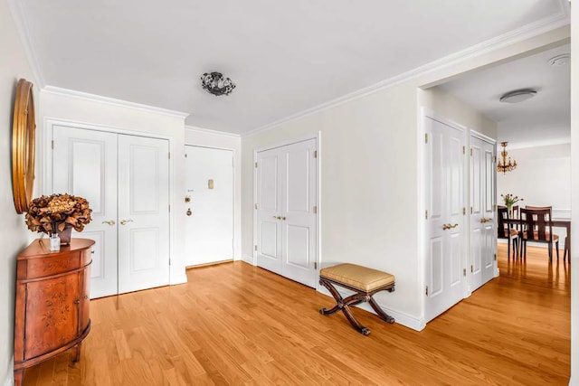 foyer entrance featuring crown molding and light wood-type flooring