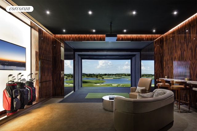 carpeted home theater room with recessed lighting