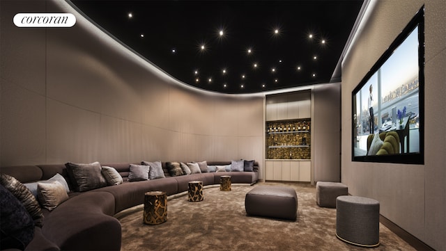 35 Hudson Yards Unit 8302, New York City, NY 10001 - home theater room with carpet, a dry bar, and a decorative wall