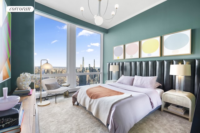35 Hudson Yards Unit 8302, New York City, NY 10001 - bedroom with a chandelier, a view of city, and carpet flooring