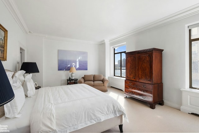 bedroom featuring light carpet and crown molding