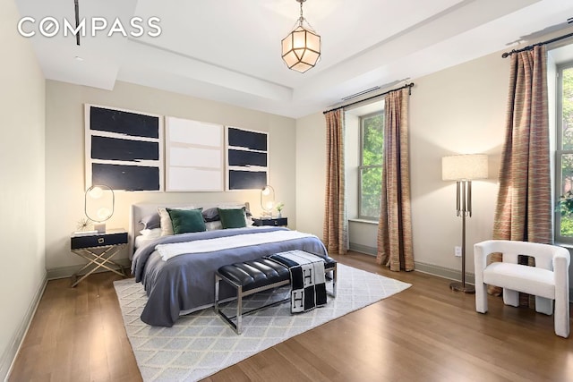 bedroom with a raised ceiling and light hardwood / wood-style flooring