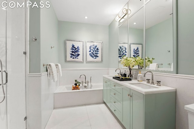 bathroom featuring vanity, tile patterned floors, and plus walk in shower