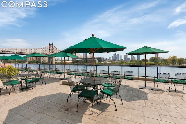 view of patio / terrace featuring a water view