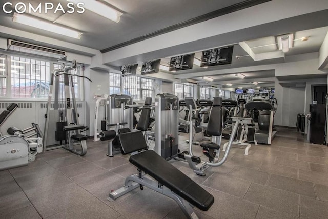 exercise room with plenty of natural light and ornamental molding