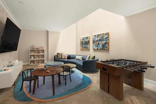 living room featuring parquet flooring and ornamental molding