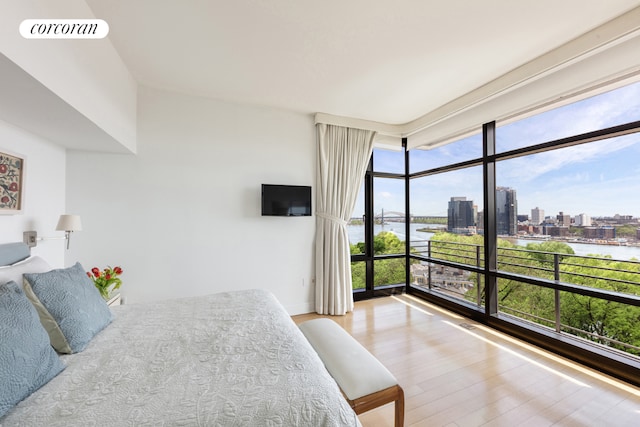 bedroom featuring floor to ceiling windows and light hardwood / wood-style floors