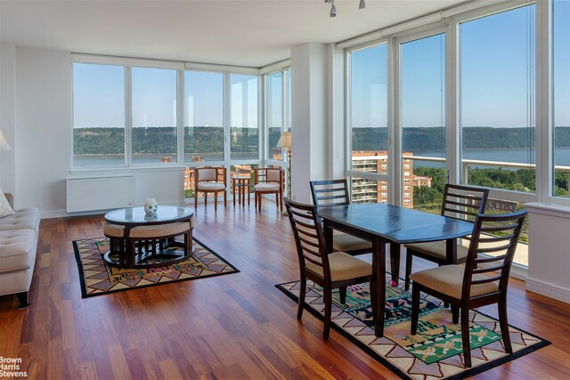 dining room featuring baseboards, dark wood-style flooring, a water view, and a healthy amount of sunlight