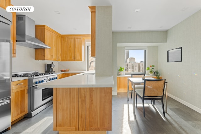 kitchen with wall chimney exhaust hood, a peninsula, light countertops, stainless steel stove, and a sink