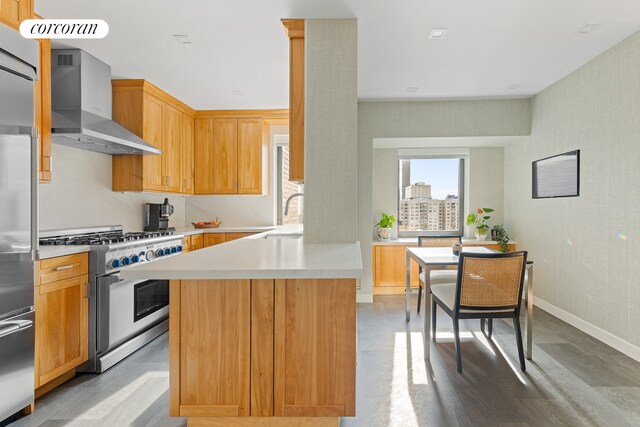 425 E 58th St Unit 36Ab, New York City, NY 10022 - kitchen with a sink, light countertops, wall chimney exhaust hood, high end appliances, and a peninsula
