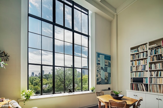 office with a towering ceiling