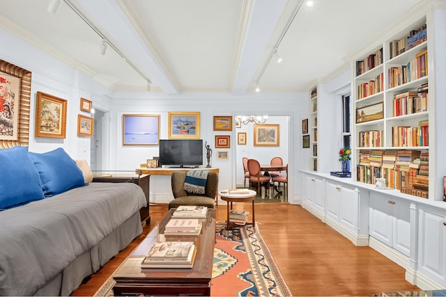 155 E 49th St Unit 9F, New York City, NY 10017 - living room with light wood-style flooring, a notable chandelier, crown molding, and track lighting