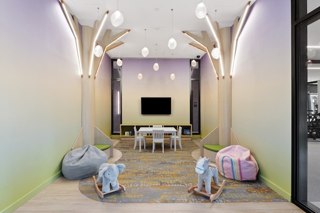 recreation room with light hardwood / wood-style flooring