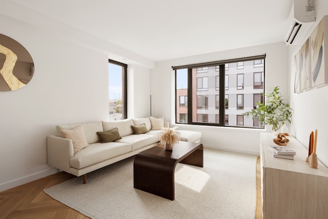 living room featuring parquet floors and a wall mounted AC