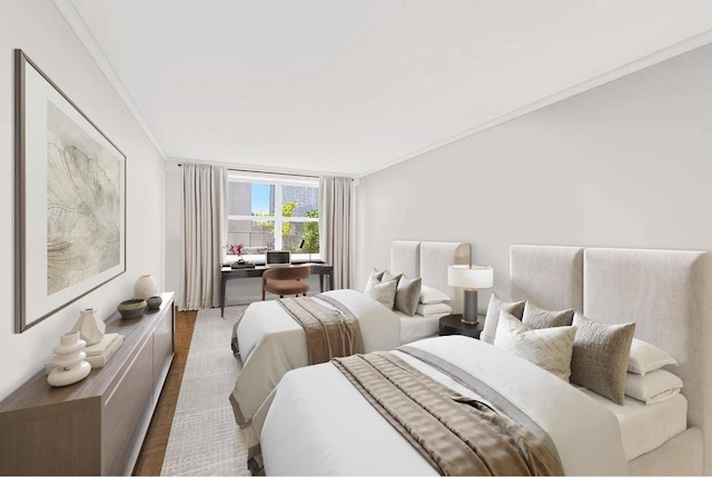 bedroom with wood-type flooring and crown molding