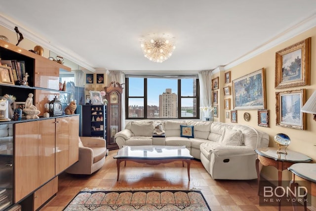 living area with a view of city, a notable chandelier, and ornamental molding