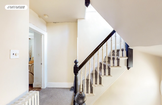 staircase featuring baseboards, visible vents, radiator, and carpet floors