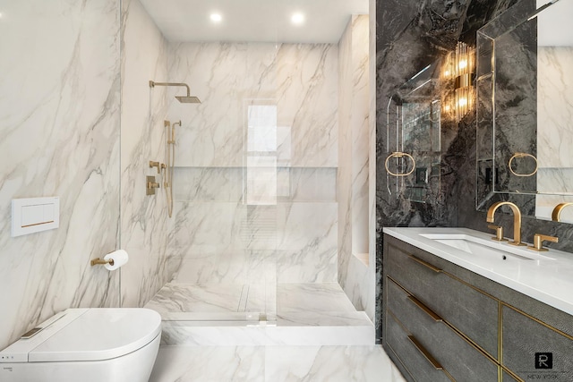 bathroom featuring stone wall, toilet, vanity, tile walls, and a marble finish shower