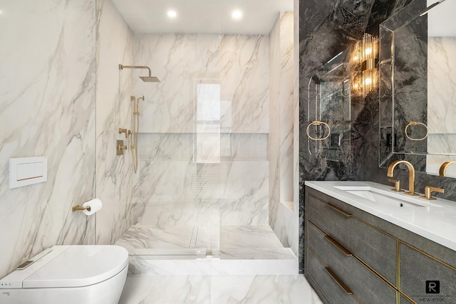 bathroom featuring tile walls, toilet, vanity, a marble finish shower, and marble tiled flooring