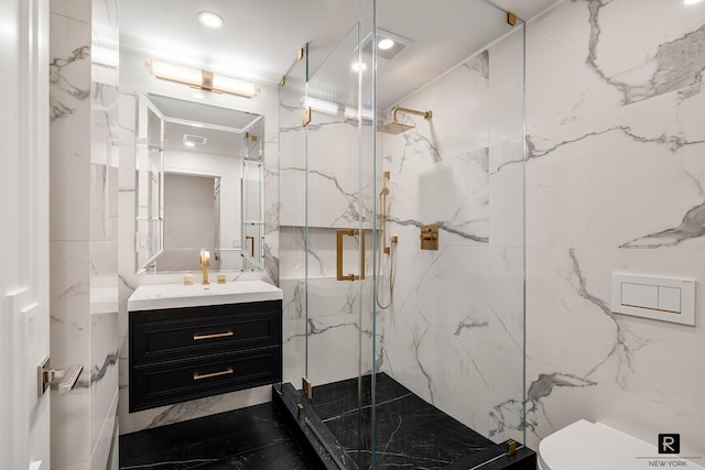 bathroom with a marble finish shower, visible vents, toilet, vanity, and tile walls