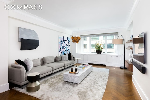 living room featuring crown molding and dark parquet floors