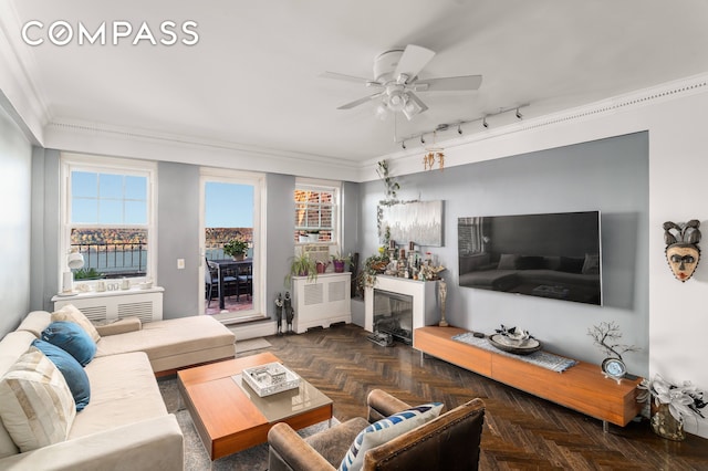 living area featuring track lighting, radiator, ceiling fan, and ornamental molding