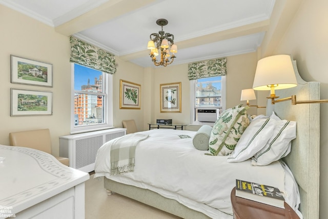 carpeted bedroom with radiator heating unit, beamed ceiling, a notable chandelier, and ornamental molding