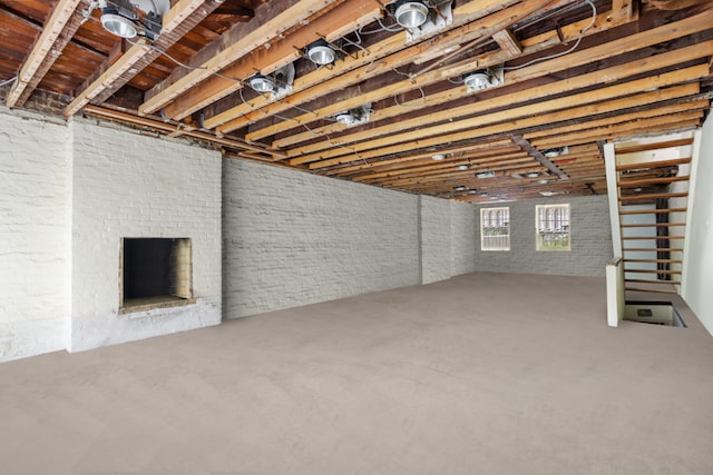 basement with a fireplace