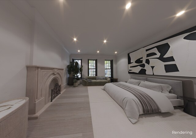 bedroom with a wall of windows and light wood-type flooring