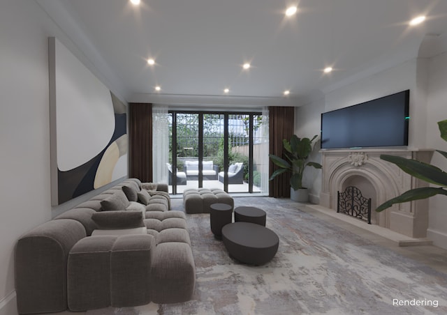 living area featuring a fireplace and recessed lighting