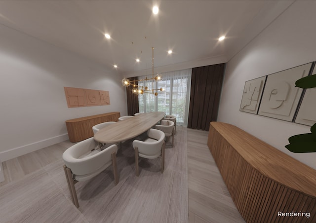 dining area featuring baseboards, recessed lighting, and a notable chandelier