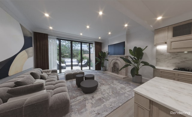 living area featuring light wood-style flooring, a fireplace, and recessed lighting