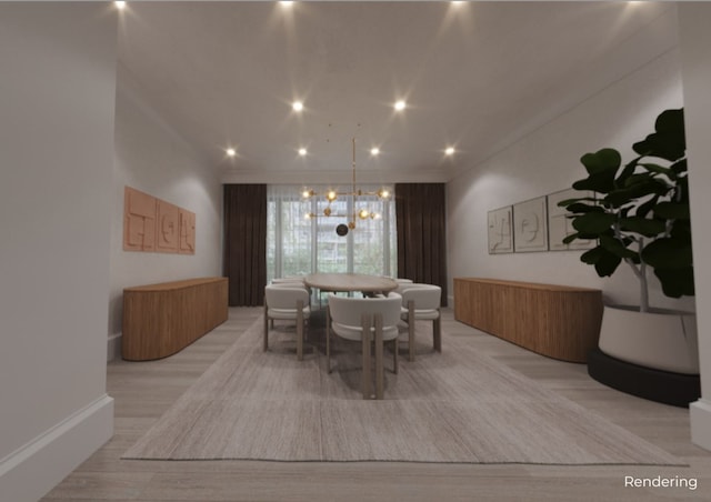 dining room with a chandelier, baseboards, and recessed lighting