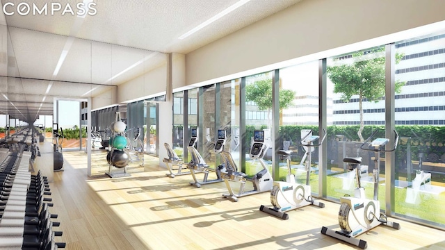 workout area with hardwood / wood-style flooring