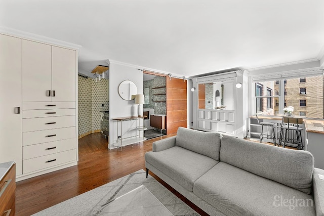 living room featuring crown molding and dark hardwood / wood-style floors