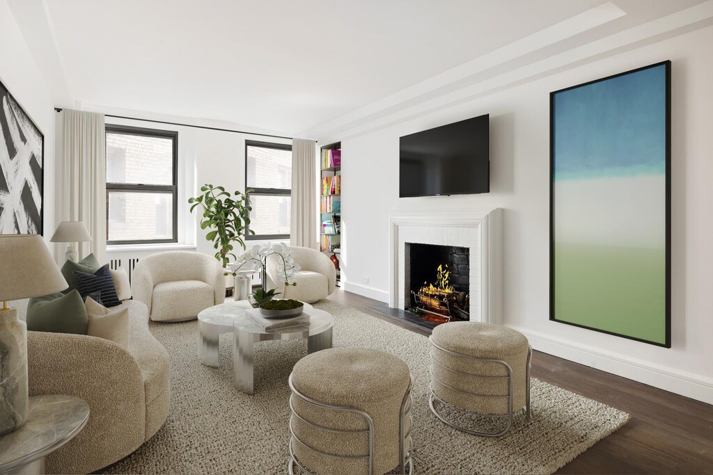 living room with dark hardwood / wood-style floors