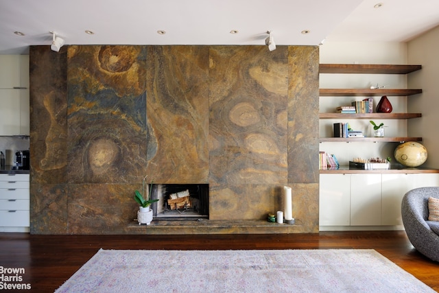 living room with dark hardwood / wood-style floors and a stone fireplace