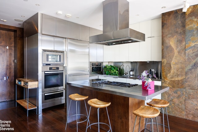 kitchen featuring dark wood-type flooring, a breakfast bar, appliances with stainless steel finishes, and island exhaust hood